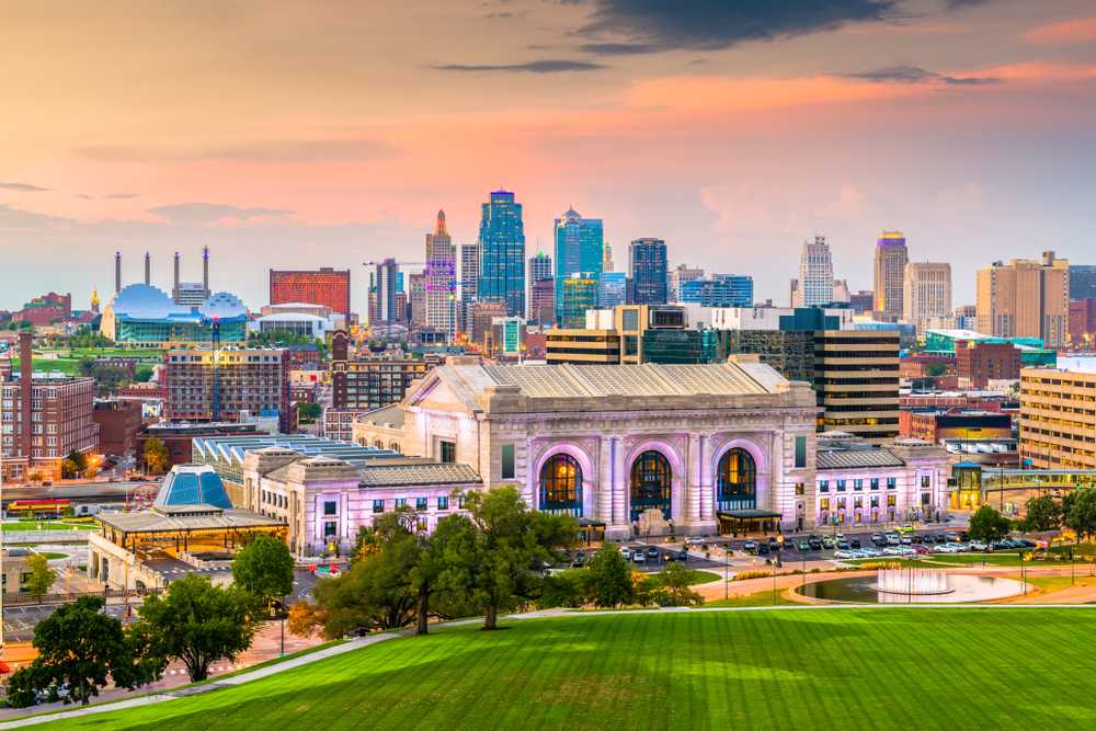 Kansas,city,,missouri,,usa,downtown,skyline,with,union,station,at Kansas City Missouri Union Station with downtown buildings in background